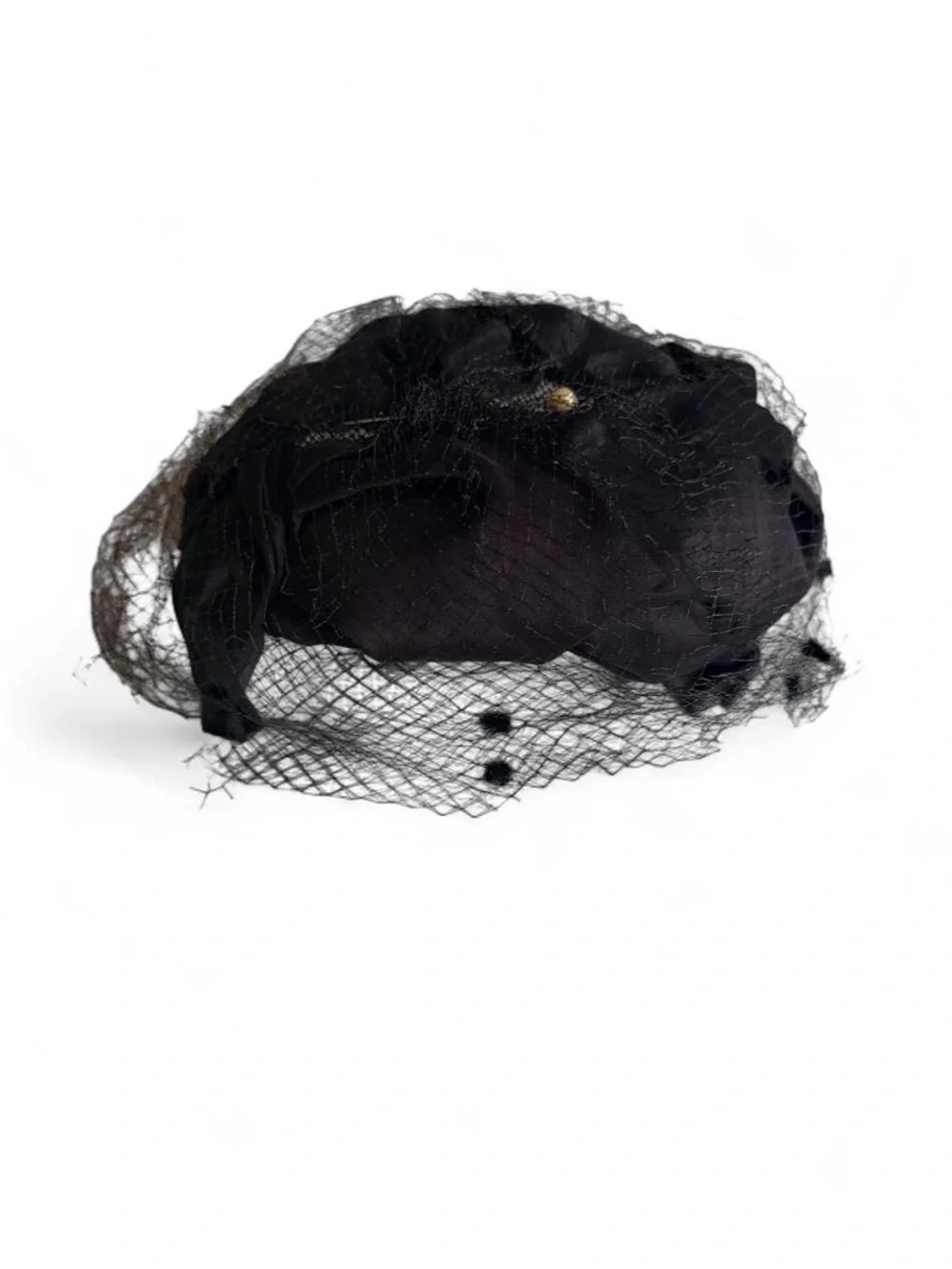 Vintage 1950s Black Silk Pillbox Hat Birdcage Veil Pearl Pin Union Tag